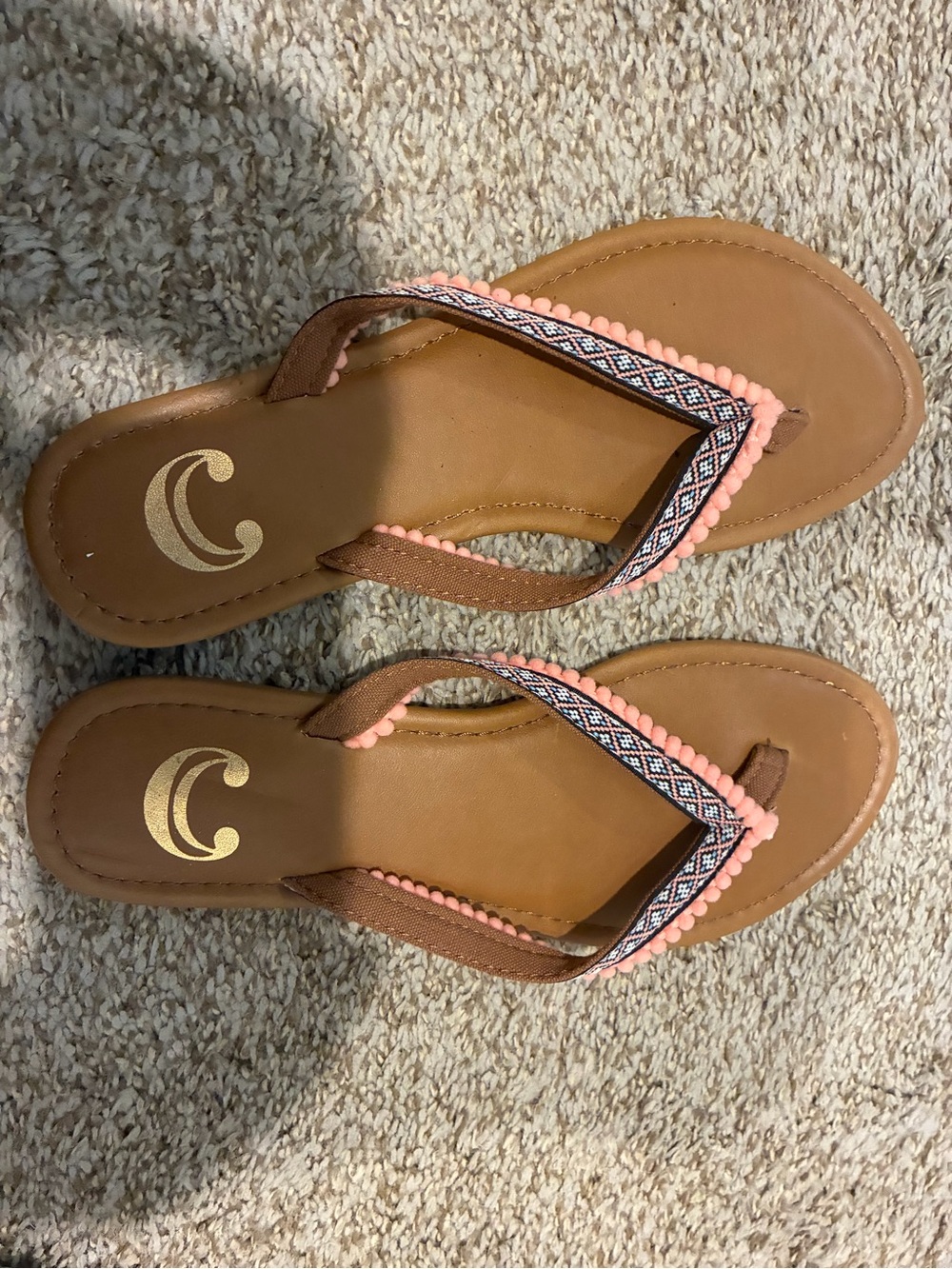 Charming Charlie Tan Flip-Flop Sandals with Coral Bead Trim